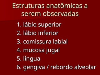 Estruturas anatômicas a
Estruturas anatômicas a
serem observadas
serem observadas
1. lábio superior
1. lábio superior
2. lábio inferior
2. lábio inferior
3. comissura labial
3. comissura labial
4. mucosa jugal
4. mucosa jugal
5. língua
5. língua
6. gengiva / rebordo alveolar
6. gengiva / rebordo alveolar
 