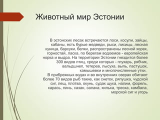 Животный мир Эстонии
В эстонских лесах встречаются лоси, косули, зайцы,
кабаны, есть бурые медведи, рыси, лисицы, лесная
куница, барсуки, белки, распространены лесной хорек,
горностай, ласка, по берегам водоемов - европейская
норка и выдра. На территории Эстонии гнездится более
300 видов птиц, среди которых - глухарь, рябчик,
вальдшнеп, тетерев, лысуха, выпь, пастушок,
камышевки и многочисленные утки.
В прибрежных водах и во внутренних озерах обитают
более 70 видов рыб такие, как снеток, ряпушка, чудской
сиг, лещ, плотва, окунь, судак щука, налим, форель,
карась, линь, сазан, салака, килька, треска, камбала,
морской сиг и угорь
 