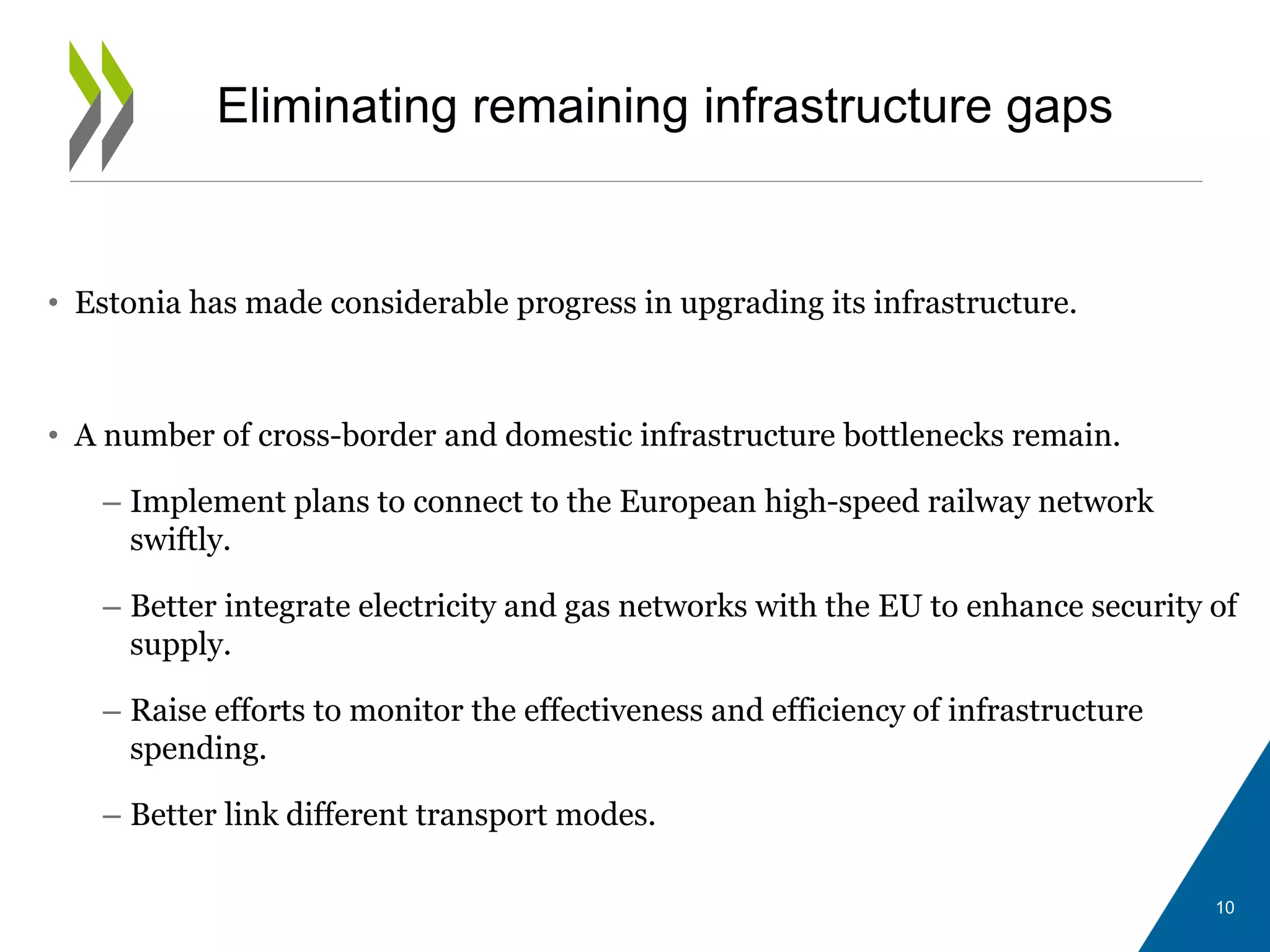 Eliminating remaining infrastructure gaps
• Estonia has made considerable progress in upgrading its infrastructure.
• A number of cross-border and domestic infrastructure bottlenecks remain.
– Implement plans to connect to the European high-speed railway network
swiftly.
– Better integrate electricity and gas networks with the EU to enhance security of
supply.
– Raise efforts to monitor the effectiveness and efficiency of infrastructure
spending.
– Better link different transport modes.
10
 