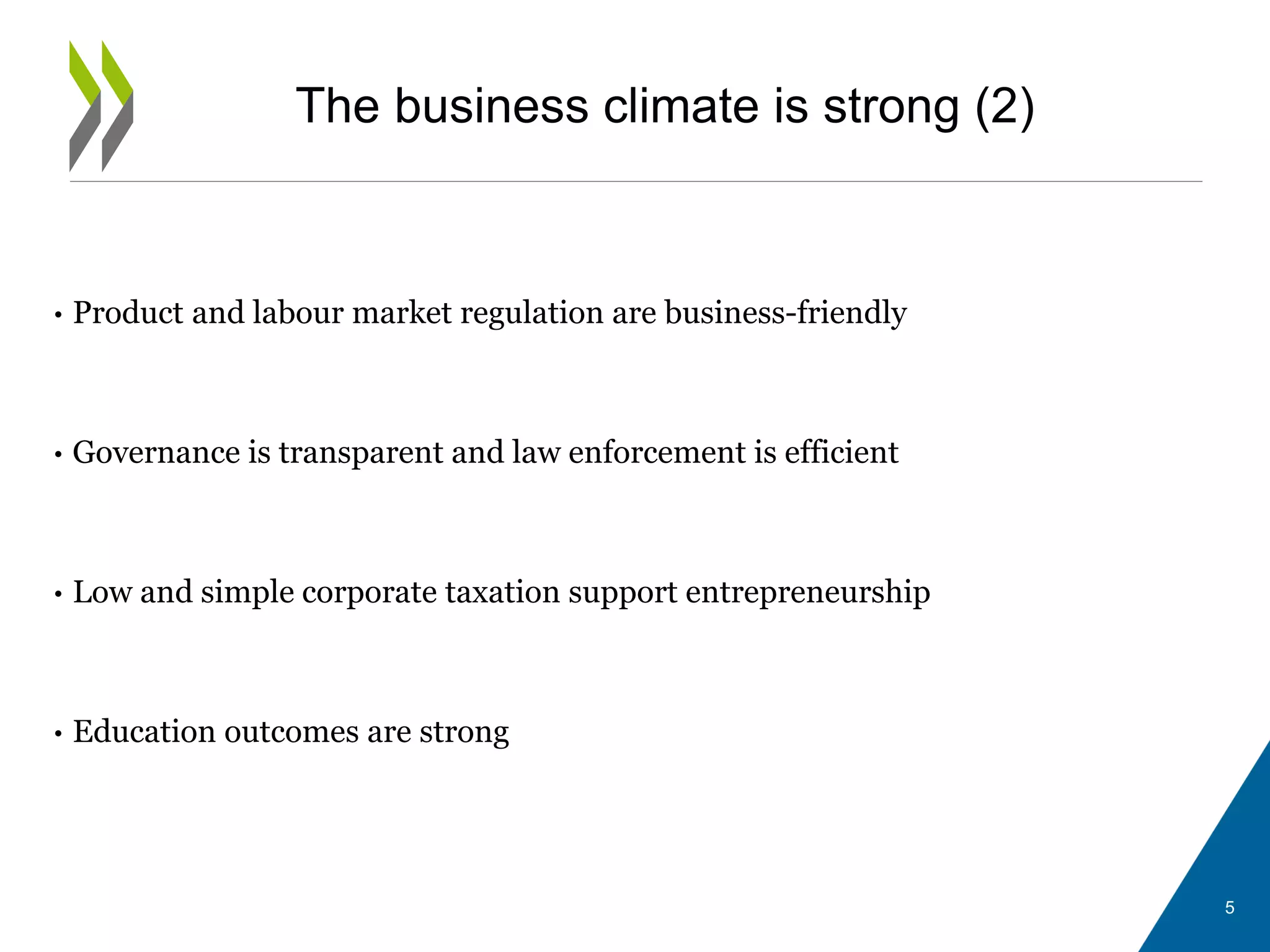 The business climate is strong (2)
• Product and labour market regulation are business-friendly
• Governance is transparent and law enforcement is efficient
• Low and simple corporate taxation support entrepreneurship
• Education outcomes are strong
5
 