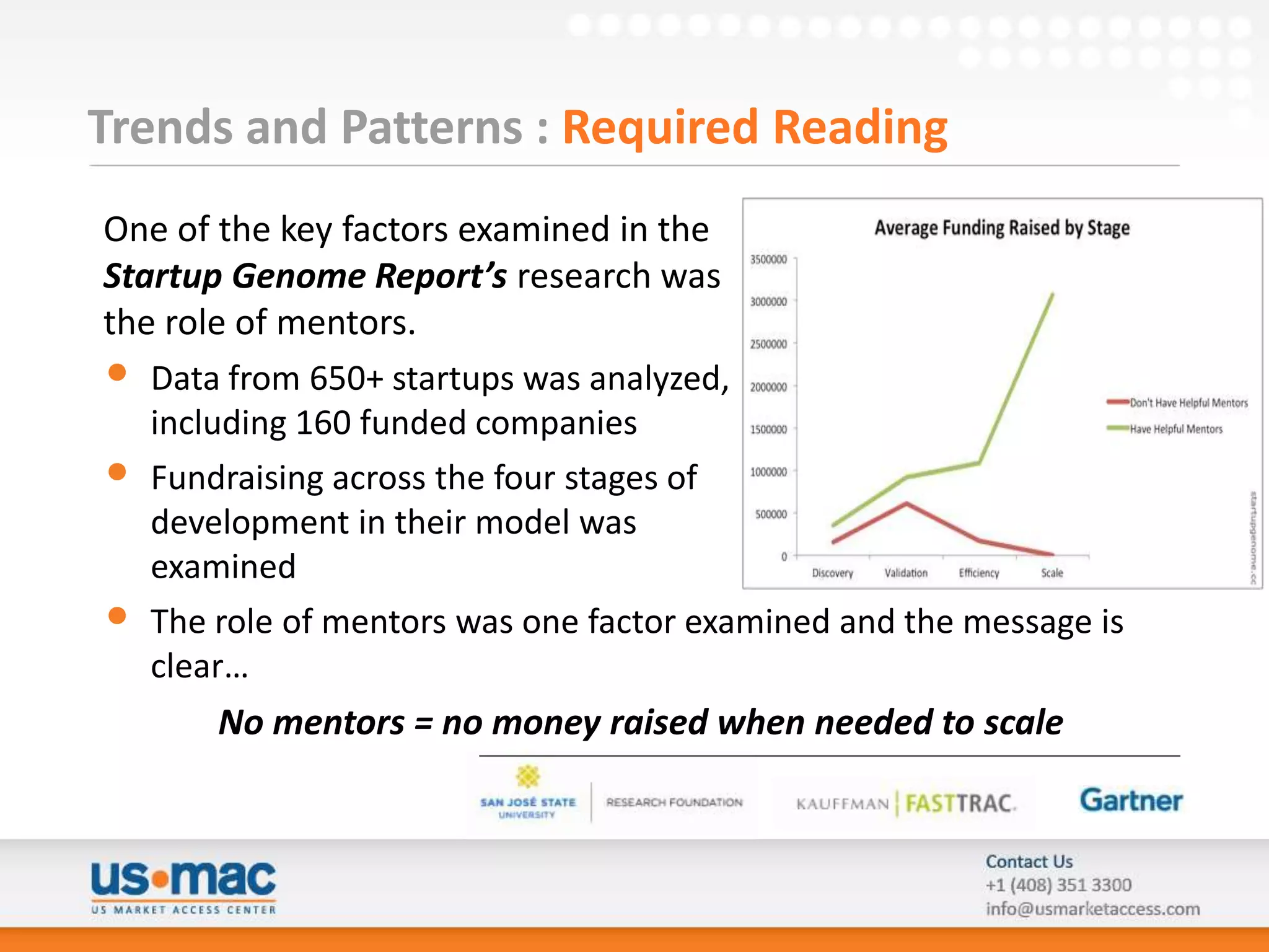 Trends and Patterns : Required Reading
One of the key factors examined in the
Startup Genome Report’s research was
the role of mentors.
• Data from 650+ startups was analyzed,
   including 160 funded companies
• Fundraising across the four stages of
   development in their model was
   examined
• The role of mentors was one factor examined and the message is
   clear…
        No mentors = no money raised when needed to scale
 