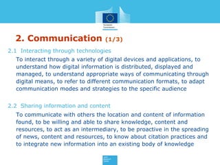 2. Communication (1/3)
2.1 Interacting through technologies
To interact through a variety of digital devices and applications, to
understand how digital information is distributed, displayed and
managed, to understand appropriate ways of communicating through
digital means, to refer to different communication formats, to adapt
communication modes and strategies to the specific audience
2.2 Sharing information and content
To communicate with others the location and content of information
found, to be willing and able to share knowledge, content and
resources, to act as an intermediary, to be proactive in the spreading
of news, content and resources, to know about citation practices and
to integrate new information into an existing body of knowledge
 