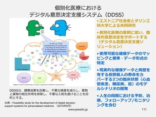 個別化医療における
デジタル意思決定支援システム（DDSS）
出典：Feasibility study for the development of digital decision
support systems for personalised medicine （2015年6月）
•エストニア社会省とタリン工
科大学による共同研究
•個別化医療の原則に従い、臨
床的意思決定をサポートする
（デジタル意思決定支援ソ
リューション）
•使用可能な健康データのマッ
ピングと標準・データ形式の
特定
•現実的な健康データと病歴を
有する仮想個人の寿命をカ
バーする3つの臨床状態（心血
管疾患、糖尿病、癌）のモデ
ルシナリオの開発
•人生の段階における予防、治
療、フォローアップ/モニタリ
ングを含む
www.jeeadis.jp 111
DDSSは、健康成果を改善し、不要な検査を減らし、薬物
と薬物の相互作用を排除し、不要な入院を避けることを目
的とする。
 