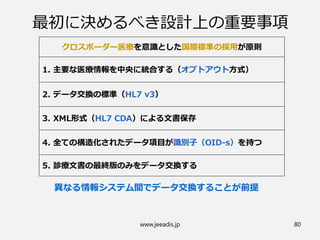 最初に決めるべき設計上の重要事項
クロスボーダー医療を意識とした国際標準の採用が原則
1. 主要な医療情報を中央に統合する（オプトアウト方式）
2. データ交換の標準（HL7 v3）
3. XML形式（HL7 CDA）による文書保存
4. 全ての構造化されたデータ項目が識別子（OID-s）を持つ
5. 診療文書の最終版のみをデータ交換する
異なる情報システム間でデータ交換することが前提
www.jeeadis.jp 80
 