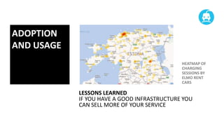 ADOPTION
AND USAGE
HEATMAP OF
CHARGING
SESSIONS BY
ELMO RENT
CARS

LESSONS LEARNED
IF YOU HAVE A GOOD INFRASTRUCTURE YOU
CAN SELL MORE OF YOUR SERVICE

 