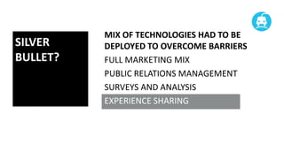 SILVER
BULLET?

MIX OF TECHNOLOGIES HAD TO BE
DEPLOYED TO OVERCOME BARRIERS
FULL MARKETING MIX
PUBLIC RELATIONS MANAGEMENT
SURVEYS AND ANALYSIS
EXPERIENCE SHARING

 