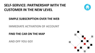 SELF-SERVICE: PARTNERSHIP WITH THE
CUSTOMER IN THE NEW LEVEL
SIMPLE SUBSCRIPTION OVER THE WEB
IMMEDIATE ACTIVATION OF ACCOUNT

FIND THE CAR ON THE MAP
AND OFF YOU GO!

 