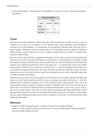 Estonian grammar                                                                                                                  7


    • universal (illative/allative - inessive/adessive - elative/ablative): igale poole - igal pool - igalt poolt (everywhere),
      alati (always)

                                                       Comparison of adverbs

                                                                       Type

                                                   Degree     Genetival    Ablatival

                                                Positive      -           -lt

                                                Comparative -mini         -malt

                                                Superlative   kõige -mini kõige -malt




    Syntax
    The neutral word order in Estonian is subject–verb–object (SVO). Conjunctions: aga (but), et (that), ja (and), kas
    (whether), kui (if), nagu (as), sest (because), või (or). Questions begin with an interrogative word (interrogative
    pro-forms or kas (yes/no-question), eks (yes-question), ega (no-question)), followed by the SVO word order (in
    spoken language, interrogative words are sometimes left out, but instead there is either a change in intonation or
    VSO word order); answers: jah/jaa (yes), ei (no). An adjective precedes the noun it modifies. An adverb of time
    precedes an adverb of place.
    However, as one would expect from an agglutinative language, the word order is quite free and non-neutral word
    order can be used to stress some parts of the sentence or in poetic text, as in Finnish grammar. For example, consider
    the sentence mees tappis karu which means (a/the) man killed (a/the) bear and uses the neutral SVO word order. The
    sentence can be rephrased using OVS word order as karu tappis mees — a normal Estonian sentence that could be
    more precisely translated as it was (a/the) man who killed the bear, i. e. the sayer emphasizes that the killer was a
    man, probably assuming the listener knows that a bear was killed. The other four word orders (tappis mees karu,
    tappis karu mees, mees karu tappis, karu mees tappis) are also possible in certain contexts, especially if more words
    are added to the three-word sentences.
    Sometimes the form of the verb, nouns and adjectives in the sentence are not enough to determine the subject and
    object, e. g. mehed tapsid karud (the men killed the bears) or isa tappis karu (father killed the bear) — in the first
    sentence because in plural, the nominative case is used in Estonian both for subject and telic object, and in the
    second sentence because in singular, the nominative, genitive and partitive forms of the word isa are the same, as
    well as those of the word karu (unlike the word mees which has different forms: sg. nom. mees, sg. gen. mehe, sg.
    part. meest). In such sentences, word order is the only thing that distinguishes the subject and the object: listener
    presumes that the former noun (mehed, isa) is the subject and the latter (karud, karu) is the object. In such situations,
    the sayer cannot interchange the subject and the object for emphasis (at least unless it is obvious from the context
    which noun is the subject).


    References
    • Moseley, C. (1994). Colloquial Estonian: A Complete Language Course. London: Routledge.
    • Tuldava, J. (1994). Estonian Textbook: Grammar, Exercises, Conversation. Bloomington: Research Institute for
      Inner Asian Studies, Indiana University.
 