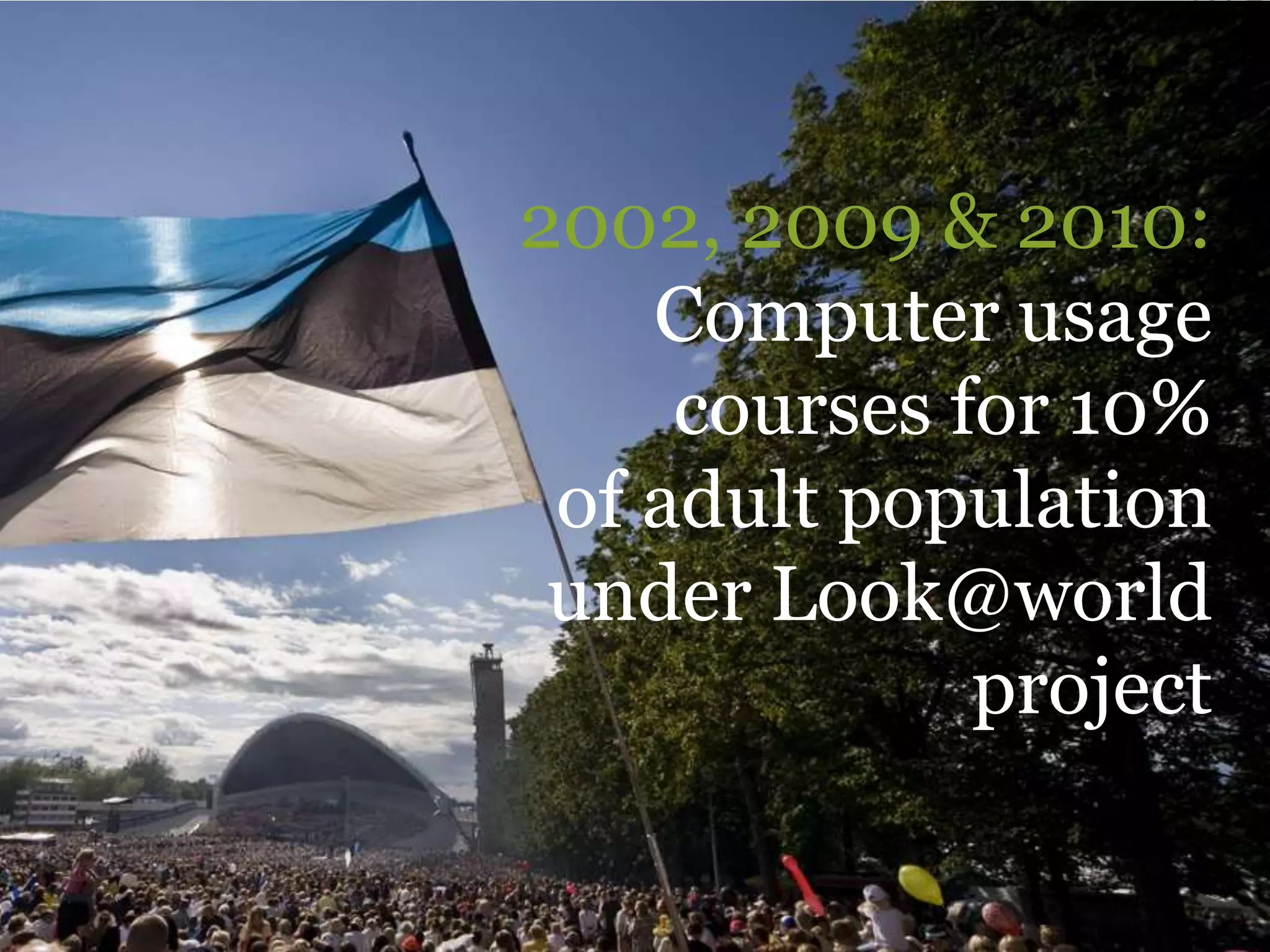 2002, 2009 & 2010:
Computer usage
courses for 10%
of adult population
under Look@world
project

 