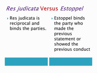  Res judicata is
reciprocal and
binds the parties.
 Estoppel binds
the party who
made the
previous
statement or
showed the
previous conduct
 
