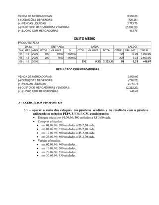 VENDA DE MERCADORIAS:                                                     3.500,00
(-) DEDUÇÕES DE VENDAS:                                                   (726,25)
(=) VENDAS LÍQUIDAS                                                       2.773,75
(-) CUSTO DE MERCADORIAS VENDIDAS:                                      (2.300,00)
(=) LUCRO COM MERCADORIAS                                                   473,75


                                     CUSTO MÉDIO
PRODUTO: ALFA
    DATA           ENTRADA                   SAÍDA                SALDO
DIA MÊS ANO QTDE. VR.UNIT.     5     QTDE. VR.UNIT. TOTAL QTDE. VR.UNIT.  TOTAL
 04 12 2000    100    10,00 1.000,00                          100   10,00 1.000,00
 05 12 2000    200     9,00 1.800,00                          300    9,33 2.800,00
 06 12 2000                             250     9,33 2.333,33  50    9,33   466,67


                         RESULTADO COM MERCADORIAS:

VENDA DE MERCADORIAS:                                                      3.500,00
(-) DEDUÇÕES DE VENDAS:                                                    (726,25)
(=) VENDAS LÍQUIDAS                                                        2.773,75
(-) CUSTO DE MERCADORIAS VENDIDAS:                                       (2.333,33)
(=) LUCRO COM MERCADORIAS                                                    440,42



3 - EXERCÍCIOS PROPOSTOS

   3.1 – apurar o custo dos estoques, dos produtos vendidos e do resultado com o produto
          utilizando os métodos PEPS, UEPS E CM, considerando:
          • Estoque inicial em 01.09.96: 300 unidades a R$ 3,00 cada.
          • Compras efetuadas:
             • em 01.09.96: 200 unidades a R$ 2,50 cada;
             • em 08.09.96: 350 unidades a R$ 2,80 cada;
             • em 17.09.96: 600 unidades a R$ 2,60 cada;
             • em 26.09.96: 500 unidades a R$ 2,70 cada.
          • Vendas efetuadas:
             • em 02.09.96: 400 unidades;
             • em 10.09.96: 300 unidades;
             • em 20.09.96: 650 unidades;
             • em 30.09.96: 450 unidades.
 