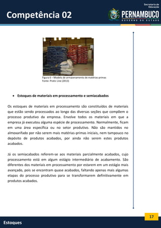 17
Estoques
Competência 02
Figura 6 – Modelo de armazenamento de matérias-primas
Fonte: Pratic Line (2013)
 Estoques de materiais em processamento e semiacabados
Os estoques de materiais em processamento são constituídos de materiais
que estão sendo processados ao longo das diversas seções que compõem o
processo produtivo da empresa. Envolve todos os materiais em que a
empresa já executou alguma espécie de processamento. Normalmente, ficam
em uma área específica ou no setor produtivo. Não são mantidos no
almoxarifado por não serem mais matérias-primas iniciais, nem tampouco no
depósito de produtos acabados, por ainda não serem estes produtos
acabados.
Já os semiacabados referem-se aos materiais parcialmente acabados, cujo
processamento está em algum estágio intermediário de acabamento. São
diferentes dos materiais em processamento por estarem em um estágio mais
avançado, pois se encontram quase acabados, faltando apenas mais algumas
etapas do processo produtivo para se transformarem definitivamente em
produtos acabados.
 