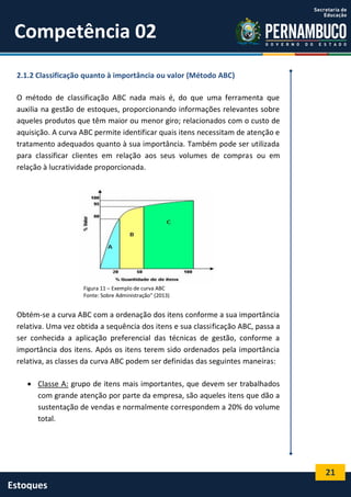 21
Estoques
Competência 02
2.1.2 Classificação quanto à importância ou valor (Método ABC)
O método de classificação ABC nada mais é, do que uma ferramenta que
auxilia na gestão de estoques, proporcionando informações relevantes sobre
aqueles produtos que têm maior ou menor giro; relacionados com o custo de
aquisição. A curva ABC permite identificar quais itens necessitam de atenção e
tratamento adequados quanto à sua importância. Também pode ser utilizada
para classificar clientes em relação aos seus volumes de compras ou em
relação à lucratividade proporcionada.
Figura 11 – Exemplo de curva ABC
Fonte: Sobre Administração” (2013)
Obtém-se a curva ABC com a ordenação dos itens conforme a sua importância
relativa. Uma vez obtida a sequência dos itens e sua classificação ABC, passa a
ser conhecida a aplicação preferencial das técnicas de gestão, conforme a
importância dos itens. Após os itens terem sido ordenados pela importância
relativa, as classes da curva ABC podem ser definidas das seguintes maneiras:
 Classe A: grupo de itens mais importantes, que devem ser trabalhados
com grande atenção por parte da empresa, são aqueles itens que dão a
sustentação de vendas e normalmente correspondem a 20% do volume
total.
 