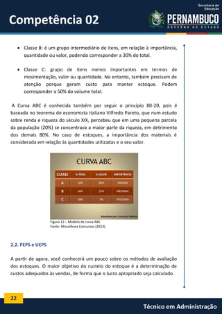 22
Técnico em Administração
Competência 02
 Classe B: é um grupo intermediário de itens, em relação à importância,
quantidade ou valor, podendo corresponder a 30% do total.
 Classe C: grupo de itens menos importantes em termos de
movimentação, valor ou quantidade. No entanto, também precisam de
atenção porque geram custo para manter estoque. Podem
corresponder a 50% do volume total.
A Curva ABC é conhecida também por seguir o princípio 80-20, pois é
baseada no teorema do economista italiano Vilfredo Pareto, que num estudo
sobre renda e riqueza do século XIX, percebeu que em uma pequena parcela
da população (20%) se concentrava a maior parte da riqueza, em detrimento
dos demais 80%. No caso de estoques, a importância dos materiais é
considerada em relação às quantidades utilizadas e o seu valor.
Figura 12 – Modelo de curva ABC
Fonte: Miscelânea Concursos (2013)
2.2. PEPS e UEPS
A partir de agora, você conhecerá um pouco sobre os métodos de avaliação
dos estoques. O maior objetivo do custeio do estoque é a determinação de
custos adequados às vendas, de forma que o lucro apropriado seja calculado.
 