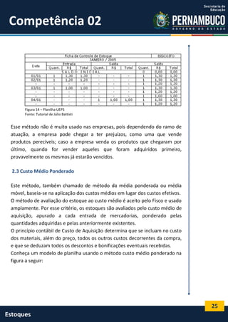 25
Estoques
Competência 02
Figura 14 – Planilha UEPS
Fonte: Tutorial de Júlio Battisti
Esse método não é muito usado nas empresas, pois dependendo do ramo de
atuação, a empresa pode chegar a ter prejuízos, como uma que vende
produtos perecíveis; caso a empresa venda os produtos que chegaram por
último, quando for vender aqueles que foram adquiridos primeiro,
provavelmente os mesmos já estarão vencidos.
2.3 Custo Médio Ponderado
Este método, também chamado de método da média ponderada ou média
móvel, baseia-se na aplicação dos custos médios em lugar dos custos efetivos.
O método de avaliação do estoque ao custo médio é aceito pelo Fisco e usado
amplamente. Por esse critério, os estoques são avaliados pelo custo médio de
aquisição, apurado a cada entrada de mercadorias, ponderado pelas
quantidades adquiridas e pelas anteriormente existentes.
O princípio contábil de Custo de Aquisição determina que se incluam no custo
dos materiais, além do preço, todos os outros custos decorrentes da compra,
e que se deduzam todos os descontos e bonificações eventuais recebidas.
Conheça um modelo de planilha usando o método custo médio ponderado na
figura a seguir:
 