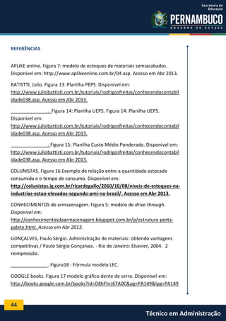 44
Técnico em Administração
REFERÊNCIAS
APLIKE online. Figura 7: modelo de estoques de materiais semiacabados.
Disponível em: http://www.aplikeonline.com.br/04.asp. Acesso em Abr 2013.
BATISTTI, Julio. Figura 13: Planilha PEPS. Disponível em:
http://www.juliobattisti.com.br/tutoriais/rodrigosfreitas/conhecendocontabil
idade038.asp. Acesso em Abr 2013.
______________. Figura 14: Planilha UEPS. Figura 14: Planilha UEPS.
Disponível em:
http://www.juliobattisti.com.br/tutoriais/rodrigosfreitas/conhecendocontabil
idade038.asp. Acesso em Abr 2013.
______________. Figura 15: Planilha Custo Médio Ponderado. Disponível em:
http://www.juliobattisti.com.br/tutoriais/rodrigosfreitas/conhecendocontabil
idade038.asp. Acesso em Abr 2013.
COLUNISTAS. Figura 16 Exemplo de relação entre a quantidade estocada
consumida e o tempo de consumo. Disponível em:
http://colunistas.ig.com.br/ricardogallo/2010/10/08/niveis-de-estoques-na-
industrias-estao-elevados-segundo-pmi-no-brasil/. Acesso em Abr 2013.
CONHECIMENTOS de armazenagem. Figura 5: modelo de drive through.
Disponível em:
http://conhecimentosdaarmazenagem.blogspot.com.br/p/estrutura-porta-
palete.html. Acesso em Abr 2013.
GONÇALVES, Paulo Sérgio. Administração de materiais: obtendo vantagens
competitivas / Paulo Sérgio Gonçalves. - Rio de Janeiro: Elsevier, 2004. 2
reimpressão.
______________. Figura18 : Fórmula modelo LEC.
GOOGLE books. Figura 17 modelo gráfico dente de serra. Disponível em:
http://books.google.com.br/books?id=O8hFhrJ67A0C&pg=PA149&lpg=PA149
 