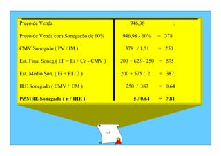 Preço de Venda                                  946,98              .

Preço de Venda com Sonegação de 60%         946,98 - 60%    = 378

CMV Sonegado ( PV / IM )                      378 / 1,51    = 250

Est. Final Soneg.( EF = Ei + Co - CMV )     200 + 625 - 250 = 575

Est. Médio Son. ( Ei + Ef / 2 )             200 + 575 / 2   = 387

IRE Sonegado ( CMV / EM )                     250 / 387     = 0,64

PZMRE Sonegado ( n / IRE )                       5 / 0,64   = 7,81




                                      GIA
 