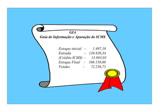 GIA
Guia de Informação e Apuração do ICMS


          Estoque inicial –    1.497,10
          Entrada          – 138.830,34
          (Crédito ICMS) - 13.883,03
          Estoque Final - 106.150,00
          Vendas          -   72.236,71
 