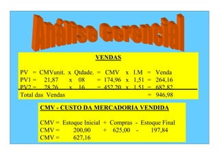 VENDAS

PV = CMVunit. x Qtdade. = CMV x I.M = Venda
PV1 = 21,87      x 08   = 174,96 x 1,51 = 264,16
PV2 = 28,26      x 16   = 452,20 x 1,51 = 682,82
Total das Vendas                        = 946,98

      CMV - CUSTO DA MERCADORIA VENDIDA

      CMV = Estoque Inicial + Compras - Estoque Final
      CMV =     200,00      + 625,00 -      197,84
      CMV =     627,16
 