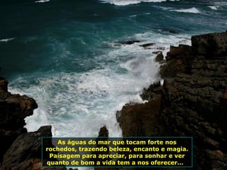 As águas do mar que tocam forte nos
rochedos, trazendo beleza, encanto e magia.
Paisagem para apreciar, para sonhar e ver
quanto de bom a vida tem a nos oferecer...
 