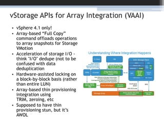 vStorage APIs for Array Integration (VAAI)vSphere 4.1 only!Array-based “Full Copy” command offloads operations to array snapshots for Storage VMotionAcceleration of storage I/O - think "I/O" dedupe (not to be confused with data deduplicationHardware-assisted locking on a block-by-block basis (rather than entire LUN)Array-based thin provisioning integration using TRIM, zeroing, etcSupposed to have thin provisioning stun, but it’s AWOL