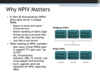 Why NPIV MattersN_Port ID Virtualization (NPIV) gives each server a unique WWNEasier to move and clone* virtual servers Better handling of fabric loginVirtual servers can have their own LUNs, QoS, and zoningJust like a real server!When looking at NPIV, consider:How many virtual WWNs does it support? T11 spec says “up to 256”OS, virtualization software, HBA, FC switch, and array support and licensingCan’t upgrade some old hardware for NPIV, especially HBAsWithout NPIVVirtual ServerVirtual ServerVirtual Server21:00:00:e0:8b:05:05:04With NPIVVirtual ServerVirtual ServerVirtual Server…05:05:05…05:05:06…05:05:07