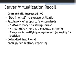 Server Virtualization RecoilDramatically increased I/O“Detrimental” to storage utilizationPatchwork of support, few standards“VMware mode” on storage arraysVirtual HBA/N_Port ID Virtualization (NPIV)Everyone is qualifying everyone and jockeying for positionBefuddled traditional backup, replication, reporting