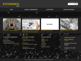 Camila Medina | Salir

ESTORNINOS                                                                                                                                                                     Buscar

                              e[ad]

              FORO                           CUERPO COORDINADOR                                             ACONTECER                              FERIA ESTORNINOS




Tony Orrico - Human Body Machine         RSA Animate - The Internet in Society               Amereida - Nueva Edición                        Concierto - Viaje Hacia un Canto Sin
                                         Empowering and Censoring Citizen?                                                                   Voz




ACTA CUERPO COORDINADOR                  PRÓXIMAS ACTIVIDADES                                FERIA ESTORNINOS                                         RANKING DE DEBATES
13 de Abril                              13 de Abril                                          Vendo
                                         Asamblea Sala Primer Año                             Mesa de Luz                                             Buses a Ritoque
Buses a Ritoque                                                                                                                                       155 votos
Movilización estudiantil
                                                                           ver                Cactus
                                         26 de Abril                                          Compro
Paro estudiantes educación media                                                                                                                      Queremos más ramos
                                         Comienzan faenas de Farándula                        Acuarelas                                               lectivos
                     ver acta completa
                                                                           ver                Arriendo                                                57 votos
                                         06 de Junio                                          Pieza en Recreo
                                         Asamblea en Plaza Victoria                                                                ver más            Helados en la cafeta
                                                                           ver                                                                        31 votos




                                              E st or ninos e[ad] | Es cu ela de Arquitect ur a y Diseño PUCV | Su scripción RSS
 