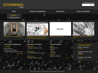 Camila Medina | Salir

ESTORNINOS                                                                                                                                                                      Buscar

                               e[ad]

               FORO                           CUERPO COORDINADOR                                             ACONTECER                              FERIA ESTORNINOS

              Debates
         Publicaciones




Tony Orrico - Human Body Machine          RSA Animate - The Internet in Society               Amereida - Nueva Edición                        Concierto - Viaje Hacia un Canto Sin
                                          Empowering and Censoring Citizen?                                                                   Voz




ACTA CUERPO COORDINADOR                   PRÓXIMAS ACTIVIDADES                                FERIA ESTORNINOS                                         RANKING DE DEBATES
13 de Abril                               13 de Abril                                          Vendo
                                          Asamblea Sala Primer Año                             Mesa de Luz                                             Buses a Ritoque
Buses a Ritoque                                                                                                                                        155 votos
Movilización estudiantil
                                                                            ver                Cactus
                                          26 de Abril                                          Compro
Paro estudiantes educación media                                                                                                                       Queremos más ramos
                                          Comienzan faenas de Farándula                        Acuarelas                                               lectivos
                      ver acta completa
                                                                            ver                Arriendo                                                57 votos
                                          06 de Junio                                          Pieza en Recreo
                                          Asamblea en Plaza Victoria                                                                ver más            Helados en la cafeta
                                                                            ver                                                                        31 votos




                                               E st or ninos e[ad] | Es cu ela de Arquitect ur a y Diseño PUCV | Su scripción RSS
 