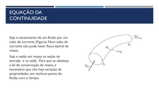EQUAÇÃO DA
CONTINUIDADE
Seja o escoamento de um fluido por um
tubo de corrente (Figura). Num tubo de
corrente não pode haver fluxo lateral de
massa.
Seja a vazão em massa na seção de
entrada e na saída . Para que se obedeça
a lei de conservação de massa, é
necessário que não haja variação de
propriedades, em nenhum ponto do
fluido, com o tempo.
 