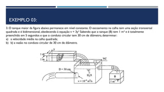 EXEMPLO 03:
3. O tanque maior da figura abaixo permanece em nível constante. O escoamento na calha tem uma seção transversal
quadrada e é bidimensional, obedecendo à equação v = 3y2
Sabendo que o tanque (B) tem 1 m³ e é totalmente
preenchido em 5 segundos e que o conduto circular tem 30 cm de diâmetro, determinar:
a) a velocidade média na calha quadrada;
b) b) a vazão no conduto circular de 30 cm de diâmetro.
 