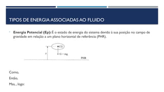 TIPOS DE ENERGIA ASSOCIADAS AO FLUIDO
- Energia Potencial (Ep): É o estado de energia do sistema devido à sua posição no campo de
gravidade em relação a um plano horizontal de referência (PHR).
Como,
Então,
Mas, , logo:
 