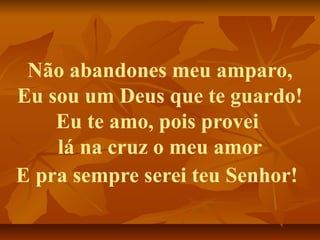 Não abandones meu amparo,
Eu sou um Deus que te guardo!
    Eu te amo, pois provei
    lá na cruz o meu amor
E pra sempre serei teu Senhor!
 