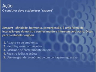 Estratégias para reduzir a frequência ou aumentar a agilidadeNão faça reuniões sem um objetivo;Tente resolver por email;Sem a presença da pessoa-chave, é perda de tempo;Para informar, envie informações antes por email;Defina tarefas a realizar antes da reunião;De preferência às conversas informais;Use chat ou messenger;Converse individualmente sempre que possível;Utilize ferramentas de TI colaborativasSe for somente para socializar, não participe.5 min
