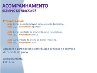 PlanejamentoExemplo de uma convocação Reunião: Nova metodologia de vendas da empresaParticipantes: x, y, zCondutor: wObjetivo: Determinar os próximos passos da implantação no CRM e revisar o resultado do novo modelo de vendas com base no processo de vendas consultivas de clientes acima de R$ 200 mil de faturamento.Pontos a serem discutidos:Apresentação do resultado do 1º mês com o novo modelo (10 min);Revisão do modelo de vendas consultivas (30 min);Feedback da equipe comercial e dúvidas (30 min);Definição dos passos para processo de vendas no CRM (40 min); 