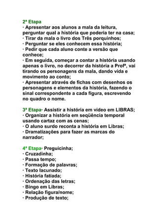 2ª Etapa
· Apresentar aos alunos a mala da leitura,
perguntar qual a história que poderia ter na casa;
· Tirar da mala o livro dos Três porquinhos;
· Perguntar se eles conhecem essa história;
· Pedir que cada aluno conte a versão que
conhece;
· Em seguida, começar a contar a história usando
apenas o livro, no decorrer da história a Profª, vai
tirando os personagens da mala, dando vida e
movimento ao conto;
· Apresentar através de fichas com desenhos os
personagens e elementos da história, fazendo o
sinal correspondente a cada figura, escrevendo
no quadro o nome.
3ª Etapa· Assistir a história em vídeo em LIBRAS;
· Organizar a história em seqüência temporal
usando cartaz com as cenas;
· O aluno surdo reconta a história em Libras;
· Dramatizações para fazer as marcas do
narrador;
4ª Etapa· Preguicinha;
· Cruzadinha;
· Passa tempo;
· Formação de palavras;
· Texto lacunado;
· História fatiada;
· Ordenação das letras;
· Bingo em Libras;
· Relação figura/nome;
· Produção de texto;
 