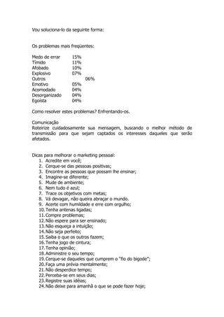 Vou soluciona-lo da seguinte forma:


Os problemas mais freqüentes:

Medo de errar      15%
Tímido             11%
Afobado            10%
Explosivo          07%
Outros                   06%
Emotivo            05%
Acomodado          04%
Desorganizado      04%
Egoísta            04%

Como resolver estes problemas? Enfrentando-os.

Comunicação
Roteirize cuidadosamente sua mensagem, buscando o melhor método de
transmissão para que sejam captados os interesses daqueles que serão
afetados.


Dicas para melhorar o marketing pessoal:
   1. Acredite em você;
   2. Cerque-se das pessoas positivas;
   3. Encontre as pessoas que possam lhe ensinar;
   4. Imagine-se diferente;
   5. Mude de ambiente;
   6. Nem tudo é azul;
   7. Trace os objetivos com metas;
   8. Vá devagar, não queira abraçar o mundo.
   9. Acerte com humildade e erre com orgulho;
   10. Tenha antenas ligadas;
   11. Compre problemas;
   12. Não espere para ser ensinado;
   13. Não esqueça a intuição;
   14. Não seja perfeito;
   15. Saiba o que os outros fazem;
   16. Tenha jogo de cintura;
   17. Tenha opinião;
   18. Administre o seu tempo;
   19. Cerque-se daqueles que cumprem o “fio do bigode”;
   20. Faça uma prévia mentalmente;
   21. Não desperdice tempo;
   22. Perceba-se em seus dias;
   23. Registre suas idéias;
   24. Não deixe para amanhã o que se pode fazer hoje;
 