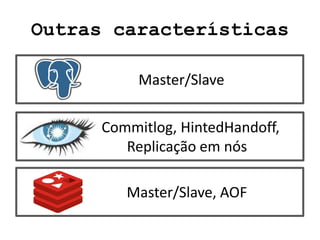 Outras características
Master/Slave
Commitlog, HintedHandoff,
Replicação em nós
Master/Slave, AOF
 