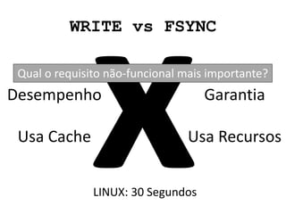 WRITE vs FSYNC
Desempenho
Usa Cache
Garantia
Usa Recursos
LINUX: 30 Segundos
Qual o requisito não-funcional mais importante?
 