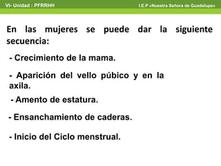 VI- Unidad : PFRRHH I.E.P «Nuestra Señora de Guadalupe» 
En las mujeres se puede dar la siguiente 
secuencia: 
- Crecimiento de la mama. 
- Aparición del vello púbico y en la 
axila. 
- Amento de estatura. 
- Ensanchamiento de caderas. 
- Inicio del Ciclo menstrual. 
 
