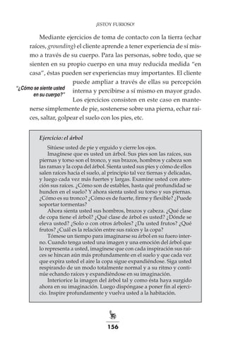 156
¡ESTOY FURIOSO!
Mediante ejercicios de toma de contacto con la tierra (echar
raíces, grounding) el cliente aprende a tener experiencia de sí mis-
mo a través de su cuerpo. Para las personas, sobre todo, que se
sienten en su propio cuerpo en una muy reducida medida “en
casa”, éstas pueden ser experiencias muy importantes. El cliente
puede ampliar a través de ellas su percepción
interna y percibirse a sí mismo en mayor grado.
Los ejercicios consisten en este caso en mante-
nerse simplemente de pie, sostenerse sobre una pierna, echar raí-
ces, saltar, golpear el suelo con los pies, etc.
Ejercicio: el árbol
Sitúese usted de pie y erguido y cierre los ojos.
Imagínese que es usted un árbol. Sus pies son las raíces, sus
piernas y torso son el tronco, y sus brazos, hombros y cabeza son
las ramas y la copa del árbol. Sienta usted sus pies y cómo de ellos
salen raíces hacia el suelo, al principio tal vez tiernas y delicadas,
y luego cada vez más fuertes y largas. Examine usted con aten-
ción sus raíces. ¿Cómo son de estables, hasta qué profundidad se
hunden en el suelo? Y ahora sienta usted su torso y sus piernas.
¿Cómo es su tronco? ¿Cómo es de fuerte, firme y flexible? ¿Puede
soportar tormentas?
Ahora sienta usted sus hombros, brazos y cabeza. ¿Qué clase
de copa tiene el árbol? ¿Qué clase de árbol es usted? ¿Dónde se
eleva usted? ¿Solo o con otros árboles? ¿Da usted frutos? ¿Qué
frutos? ¿Cuál es la relación entre sus raíces y la copa?
Tómese un tiempo para imaginarse su árbol en su fuero inter-
no. Cuando tenga usted una imagen y una emoción del árbol que
lo representa a usted, imagínese que con cada inspiración sus raí-
ces se hincan aún más profundamente en el suelo y que cada vez
que expira usted el aire la copa sigue expandiéndose. Siga usted
respirando de un modo totalmente normal y a su ritmo y conti-
núe echando raíces y expandiéndose en su imaginación.
Interiorice la imagen del árbol tal y como ésta haya surgido
ahora en su imaginación. Luego dispóngase a poner fin al ejerci-
cio. Inspire profundamente y vuelva usted a la habitación.
“¿Cómo se siente usted
en su cuerpo?”
 