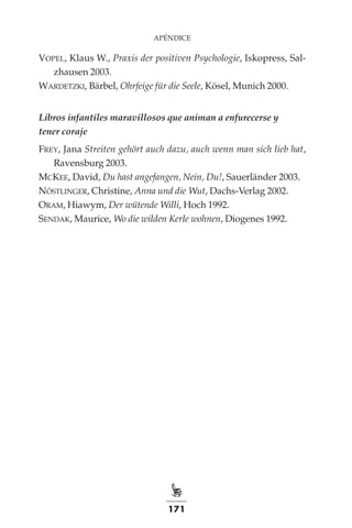 171
APÉNDICE
Vopel, Klaus W., Praxis der positiven Psychologie, Iskopress, Sal-
zhausen 2003.
Wardetzki, Bärbel, Ohrfeige für die Seele, Kösel, Munich 2000.
Libros infantiles maravillosos que animan a enfurecerse y 	
tener coraje
Frey, Jana Streiten gehört auch dazu, auch wenn man sich lieb hat,
Ravensburg 2003.
McKee, David, Du hast angefangen, Nein, Du!, Sauerländer 2003.
Nöstlinger, Christine, Anna und die Wut, Dachs-Verlag 2002.
Oram, Hiawym, Der wütende Willi, Hoch 1992.
Sendak, Maurice, Wo die wilden Kerle wohnen, Diogenes 1992.
 