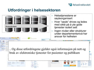 Utfordringer i helsesektoren
                                 • Helsetjenestene er
                                   søyleorganisert
                                 • Hver ”søyle” drives og ledes
                                   med sikte på å yte gode
                                   tjenester isolert sett
                                 • Ingen nivåer eller strukturer
                                   under departementsnivå har
                                   ansvar for helheten



.. Og disse utfordringene gjelder også informasjon på nett og
bruk av elektroniske tjenester for pasienter og publikum
 