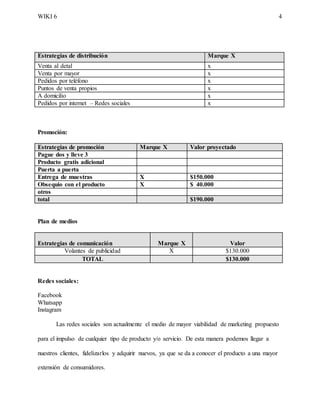 WIKI 6 4
Estrategias de distribución Marque X
Venta al detal x
Venta por mayor x
Pedidos por teléfono x
Puntos de venta propios x
A domicilio x
Pedidos por internet – Redes sociales x
Promoción:
Estrategias de promoción Marque X Valor proyectado
Pague dos y lleve 3
Producto gratis adicional
Puerta a puerta
Entrega de muestras X $150.000
Obsequio con el producto X $ 40.000
otros
total $190.000
Plan de medios
Estrategias de comunicación Marque X Valor
Volantes de publicidad X $130.000
TOTAL $130.000
Redes sociales:
Facebook
Whatsapp
Instagram
Las redes sociales son actualmente el medio de mayor viabilidad de marketing propuesto
para el impulso de cualquier tipo de producto y/o servicio. De esta manera podemos llegar a
nuestros clientes, fidelizarlos y adquirir nuevos, ya que se da a conocer el producto a una mayor
extensión de consumidores.
 
