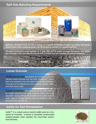 Spill Kits Matching Requirements

SpillCon’ Oil Spill Carts include a variety of sorbents to handle oil spills and other petroleumbased fluids while repelling water—an all inclusive solution for quick response!
Wheeled containers move quickly to a spill site and fit easily through doorways and aisles.
Our Oil Spill Carts can also be moved with a forklift and are lockable to protect contents.

DRUMS

•

CARTS

Loose Granular
Oil-Dri® Granular Clay absorbents are available in the traditional coarse formula and the finer QuickSorb™ grind.
Both are produced from the same high-quality absorbent
minerals and are effective on oils, coolants, grease, water,
and other liquid spills.
Solidifier Oil Solidifiers are composed of dry, high molecular weight polymers that have a porous matrix and large
oleophilic (strong affinity for oil rather than water) surface
area. Once in contact with oil, the oil solidifies to form a
physical bond with the oil.

Isolite for Soil Remediation
Isolite™ is a unique porous ceramic pellet used as a biocarrier for microbes. It serves to remediate contaminated
soil/groundwater when injected into man-made subsurface fractures.

•

TRAILERS

 