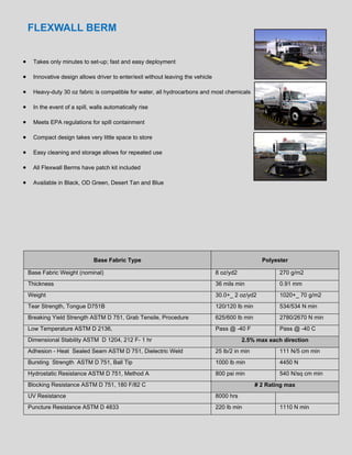 FLEXWALL BERM
 Takes only minutes to set-up; fast and easy deployment
 Innovative design allows driver to enter/exit without leaving the vehicle
 Heavy-duty 30 oz fabric is compatible for water, all hydrocarbons and most chemicals
 In the event of a spill, walls automatically rise
 Meets EPA regulations for spill containment
 Compact design takes very little space to store
 Easy cleaning and storage allows for repeated use
 All Flexwall Berms have patch kit included
 Available in Black, OD Green, Desert Tan and Blue

Base Fabric Type

Polyester

Base Fabric Weight (nominal)

8 oz/yd2

270 g/m2

Thickness

36 mils min

0.91 mm

Weight

30.0+_ 2 oz/yd2

1020+_ 70 g/m2

Tear Strength, Tongue D751B

120/120 lb min

534/534 N min

Breaking Yield Strength ASTM D 751, Grab Tensile, Procedure

625/600 lb min

2780/2670 N min

Low Temperature ASTM D 2136,

Pass @ -40 F

Pass @ -40 C

Dimensional Stability ASTM D 1204, 212 F- 1 hr

2.5% max each direction

Adhesion - Heat Sealed Seam ASTM D 751, Dielectric Weld

25 lb/2 in min

111 N/5 cm min

Bursting Strength ASTM D 751, Ball Tip

1000 lb min

4450 N

Hydrostatic Resistance ASTM D 751, Method A

800 psi min

540 N/sq cm min

Blocking Resistance ASTM D 751, 180 F/82 C

# 2 Rating max

UV Resistance

8000 hrs

Puncture Resistance ASTM D 4833

220 lb min

1110 N min

 