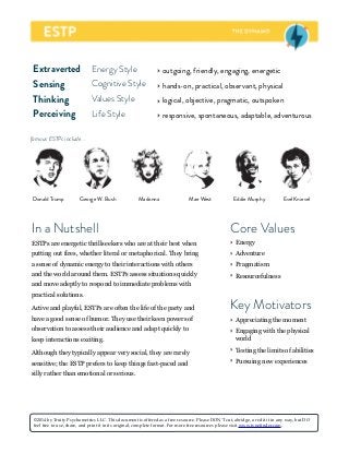 Extraverted Energy Style ‣ outgoing, friendly, engaging, energetic
Sensing Cognitive Style ‣ hands-on, practical, observant, physical
Thinking Values Style ‣ logical, objective, pragmatic, outspoken
Perceiving Life Style ‣ responsive, spontaneous, adaptable, adventurous
Donald Trump MadonnaGeorge W. Bush Mae West Eddie Murphy
famous ESTPs include...
In a Nutshell
ESTPs are energetic thrillseekers who are at their best when
putting out fires, whether literal or metaphorical. They bring
a sense of dynamic energy to their interactions with others
and the world around them. ESTPs assess situations quickly
and move adeptly to respond to immediate problems with
practical solutions.
Active and playful, ESTPs are often the life of the party and
have a good sense of humor. They use their keen powers of
observation to assess their audience and adapt quickly to
keep interactions exciting.
Although they typically appear very social, they are rarely
sensitive; the ESTP prefers to keep things fast-paced and
silly rather than emotional or serious.
Key Motivators
‣ Appreciating the moment
‣ Engaging with the physical
world
‣ Testing the limits of abilities
‣ Pursuing new experiences
Core Values
‣ Energy
‣ Adventure
‣ Pragmatism
‣ Resourcefulness
©2014 by Truity Psychometrics LLC. This document is offered as a free resource. Please DON'T cut, abridge, or edit it in any way, but DO
feel free to use, share, and print it in its original, complete format. For more free resources please visit www.typefinder.com.
Evel Knievel
 