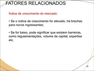 FATORES RELACIONADOS

 Índice de crescimento do mercado:

 • Se o índice de crescimento for elevado, há brechas
 para novos ingressantes;

 • Se for baixo, pode significar que existem barreiras,
 como regulamentações, volume de capital, expertise
 etc.




                                                          20
 