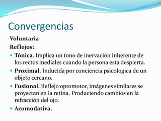 Convergencias
Voluntaria
Reflejos:
 Tónica. Implica un tono de inervación inherente de
  los rectos mediales cuando la persona esta despierta.
 Proximal. Inducida por conciencia psicologica de un
  objeto cercano.
 Fusional. Reflejo optomotor, imágenes similares se
  proyectan en la retina. Produciendo cambios en la
  refracción del ojo.
 Acomodativa.
 