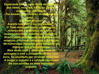Espantado com a ruína física dos filhos e dos netos, recorreu, aflito, ao Senhor, suplicando, lacrimoso: - Pai Amado, as moléstias devastam-me a casa...  Que será de mim?  Assiste-nos com a tua compaixão!... O Todo-Amoroso sorriu, compassivo, reiterou-lhe a promessa   de auxílio e recomendou-lhe o trabalho do raciocínio.  Examinando detidamente as plantas e os minerais, o homem conseguiu a formação de numerosos remédios para combater as doenças que o vergastavam. Mais tarde, com o aprimoramento da paisagem e com a prosperidade dos seus bens, foi assaltado por diversas tentações.   A inveja, o orgulho e a vaidade sopravam-lhe aos ouvidos os   mais estranhos projetos. 